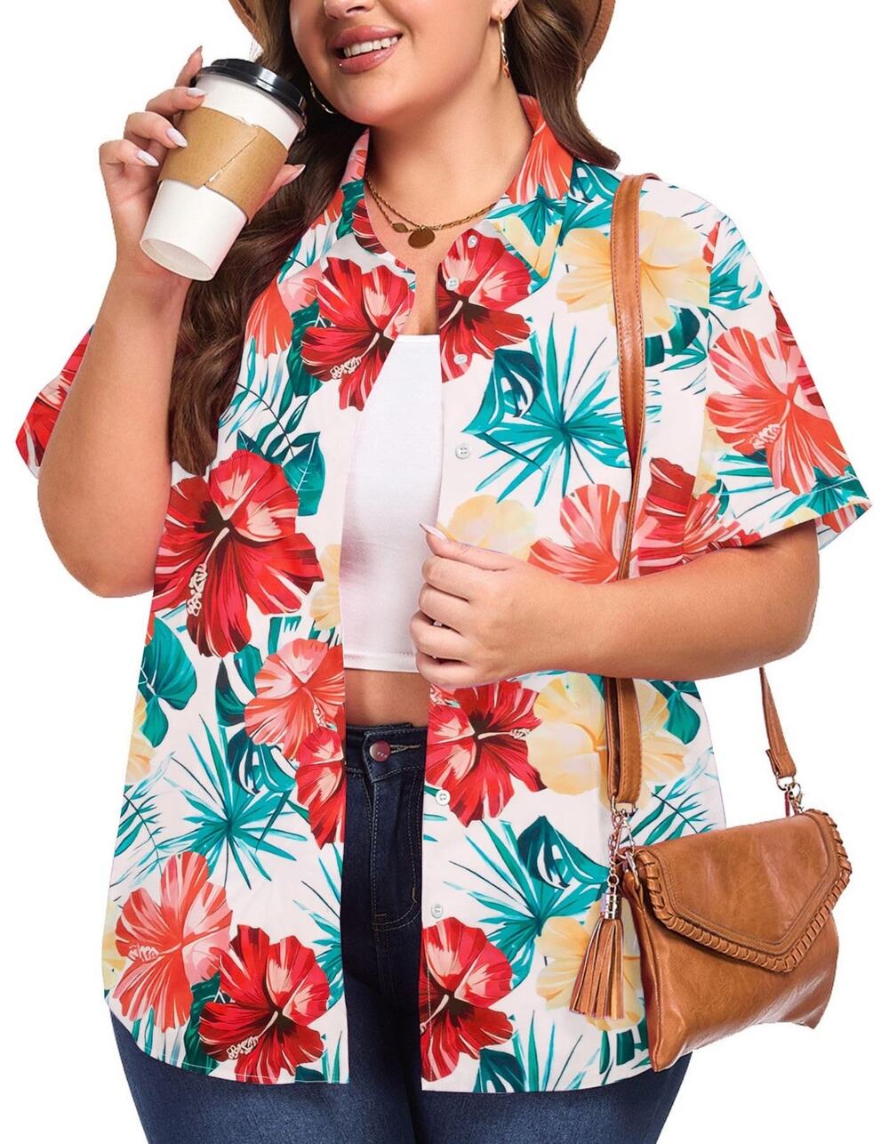 Womens Hawaiian Shirt XXL Floral Button Up Short Sleeve Tropical Beach Vacation